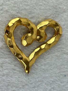 Vintage  80s Heart Brooch Made in France Gold Tone Hammered Metal